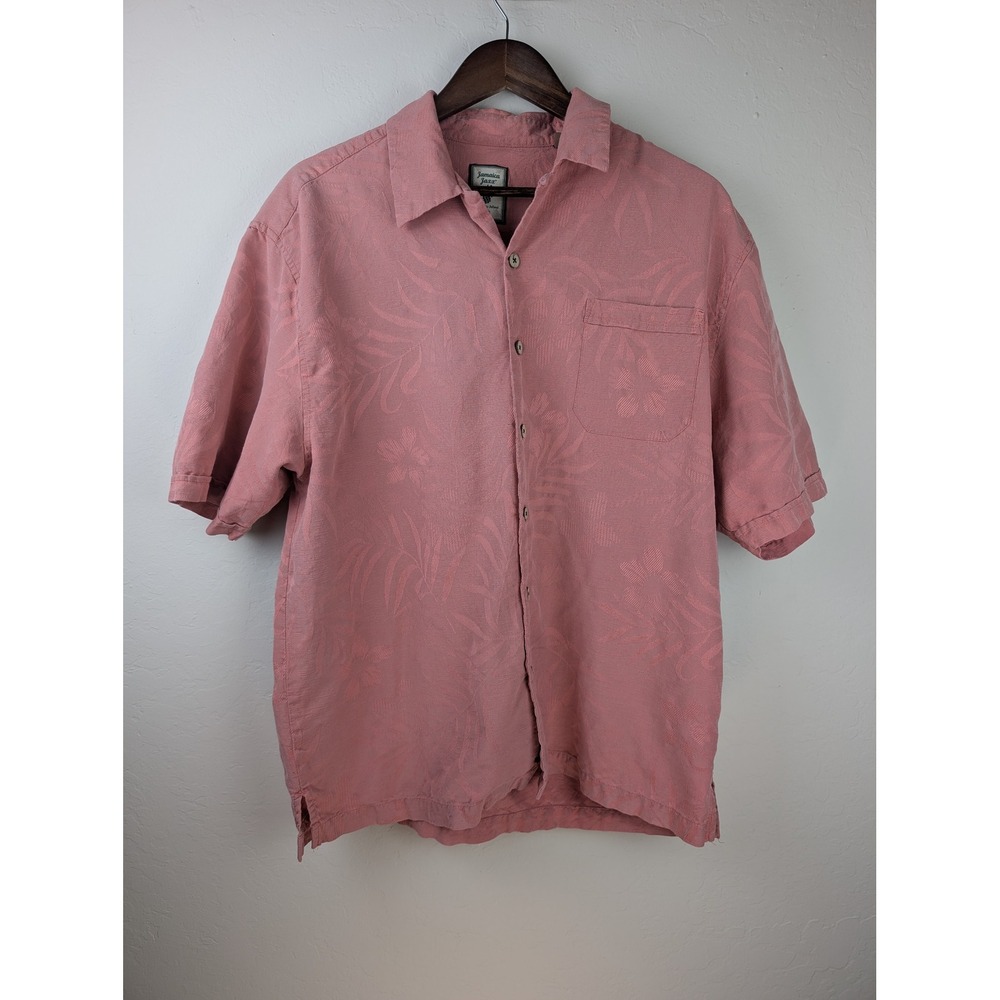 Jamaica Jaxx Mens Silk Jacquard Tropical Floral Camp Shirt Pink Large